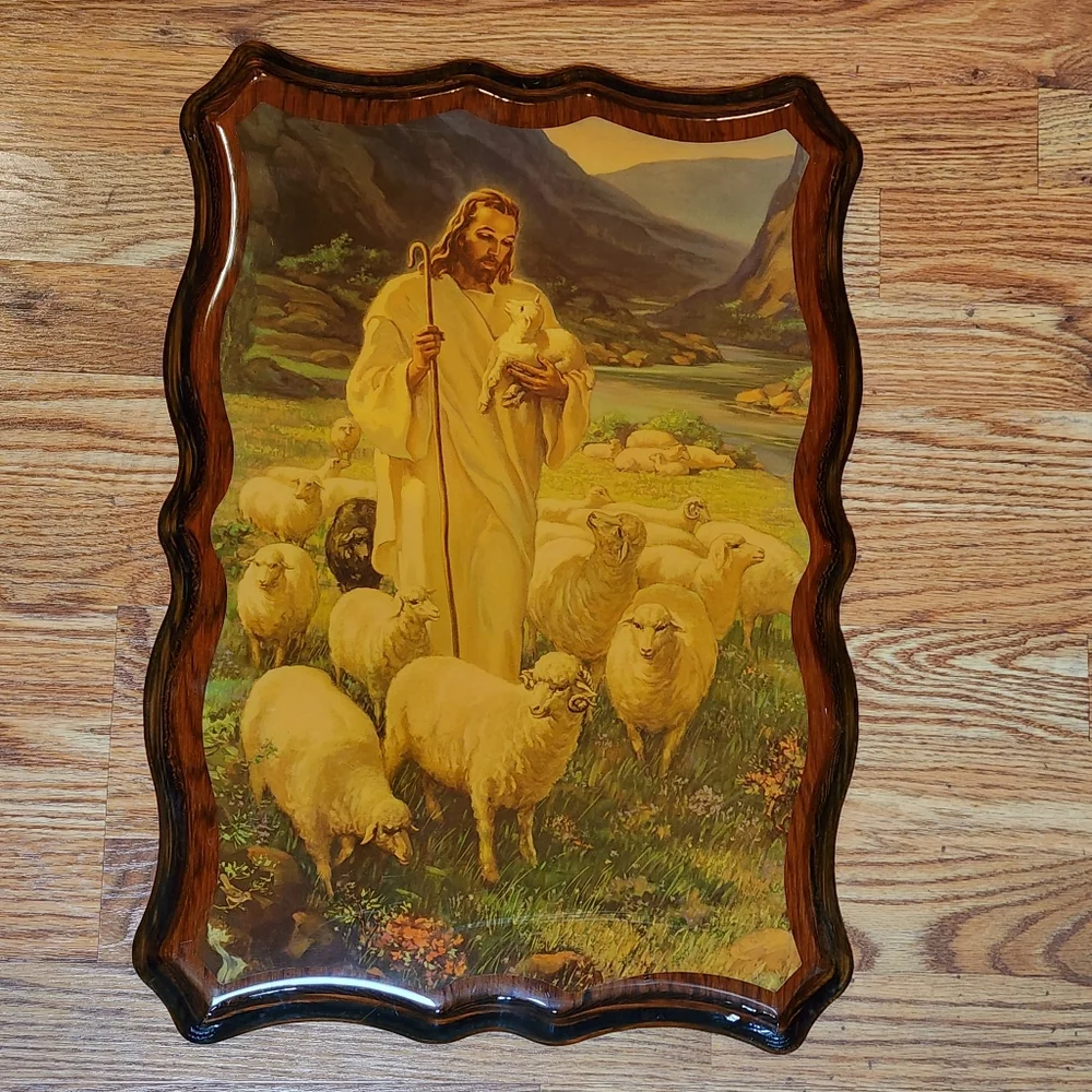 SEE CALLOUTS Vintage Wooden Lacquered Religious Plaque Jesus with Lambs